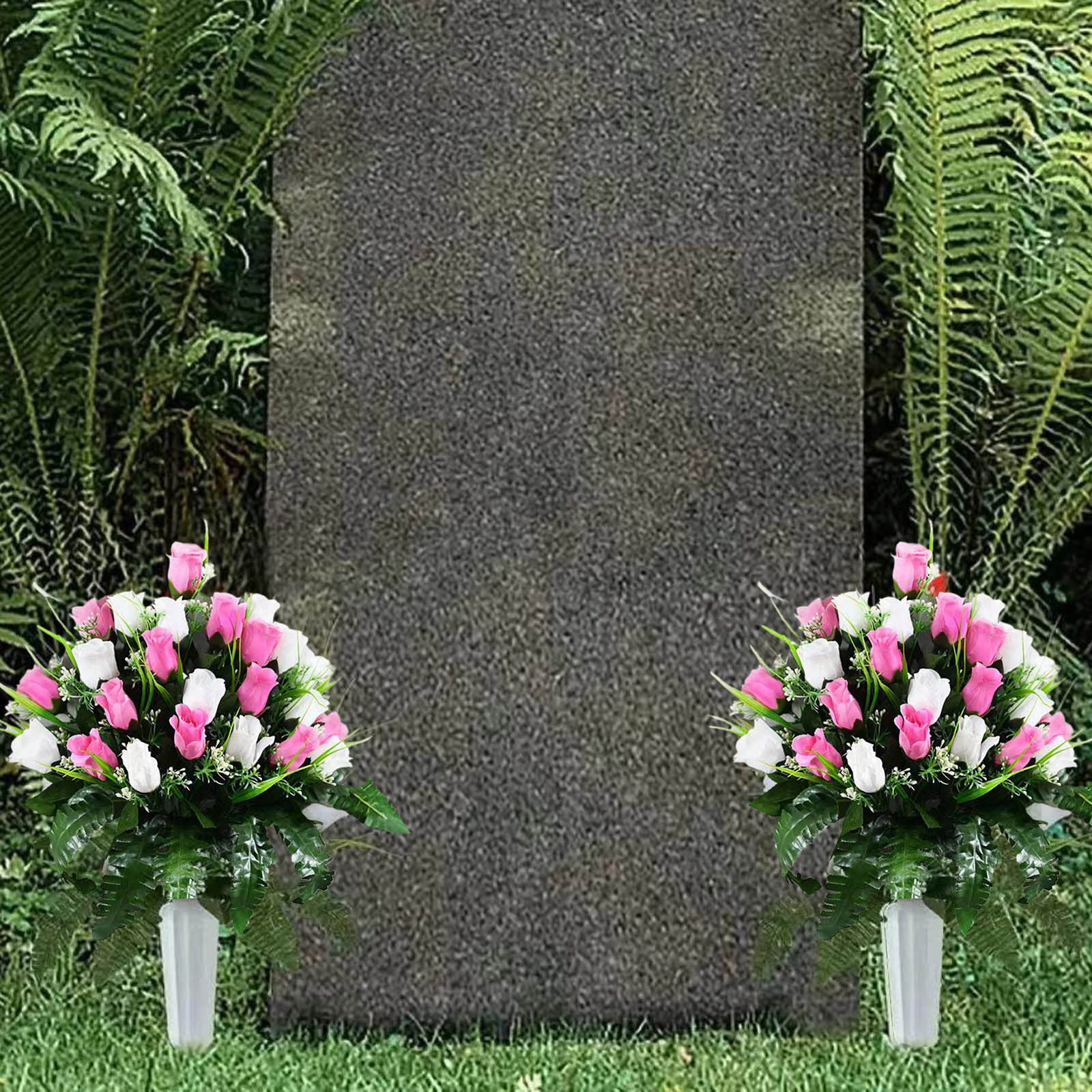 4Pcs Fake Cemetery Flowers Blue & White Roses With White Daisies Memorial Flowers Silk Memorial Bouquets For Mourn Headstones Decoration-Pink