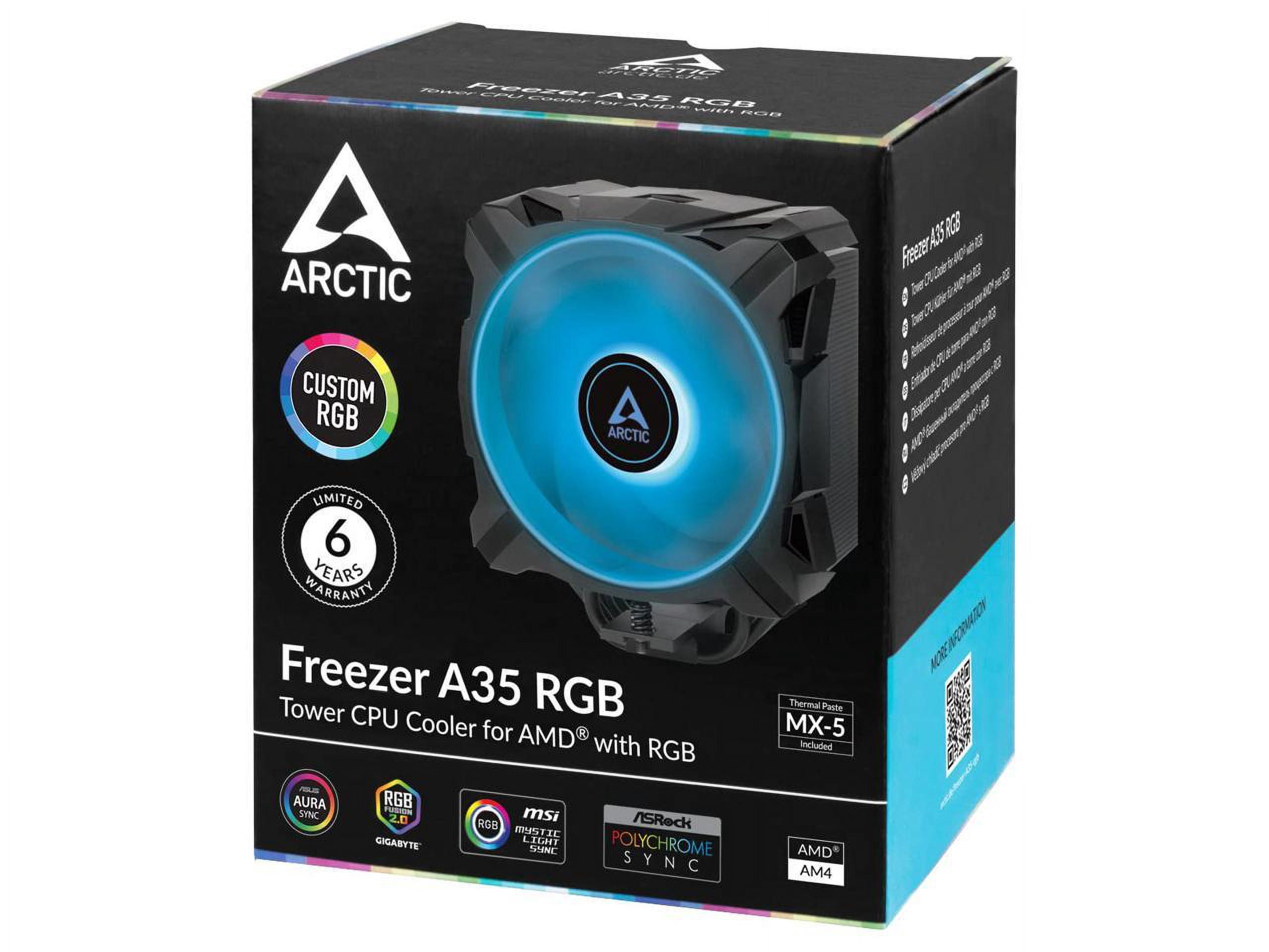 ARCTIC Freezer A35 RGB - Single Tower CPU Fan with RGB, AMD Specific, Pressure Optimized 120 mm P-Fan, 200-1700 RPM CPU Air Cooler, 4 Heat Pipes, incl. MX-5 Thermal Paste - Black