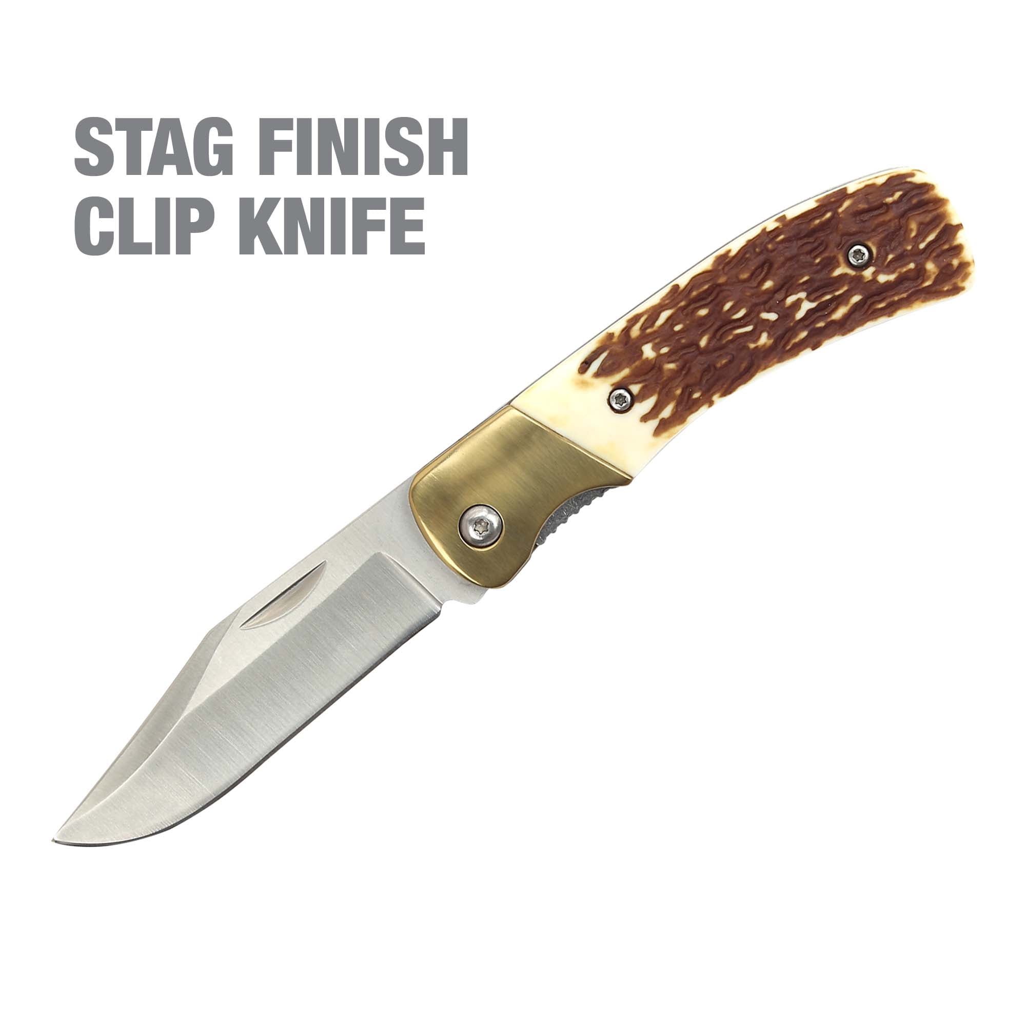 Ozark Trail Stag Finish Clip Knife, 3" Blade with 4" Handle, Model 8801