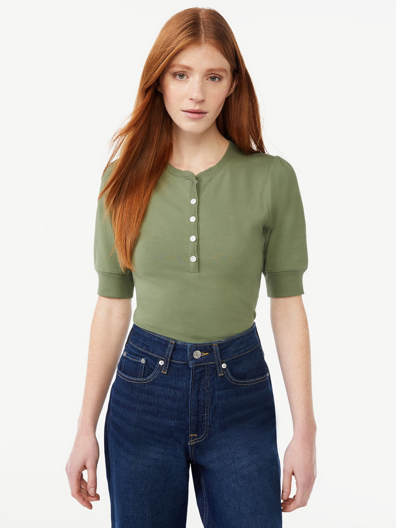 Free Assembly Women's Henley Bodysuit with Short Sleeves