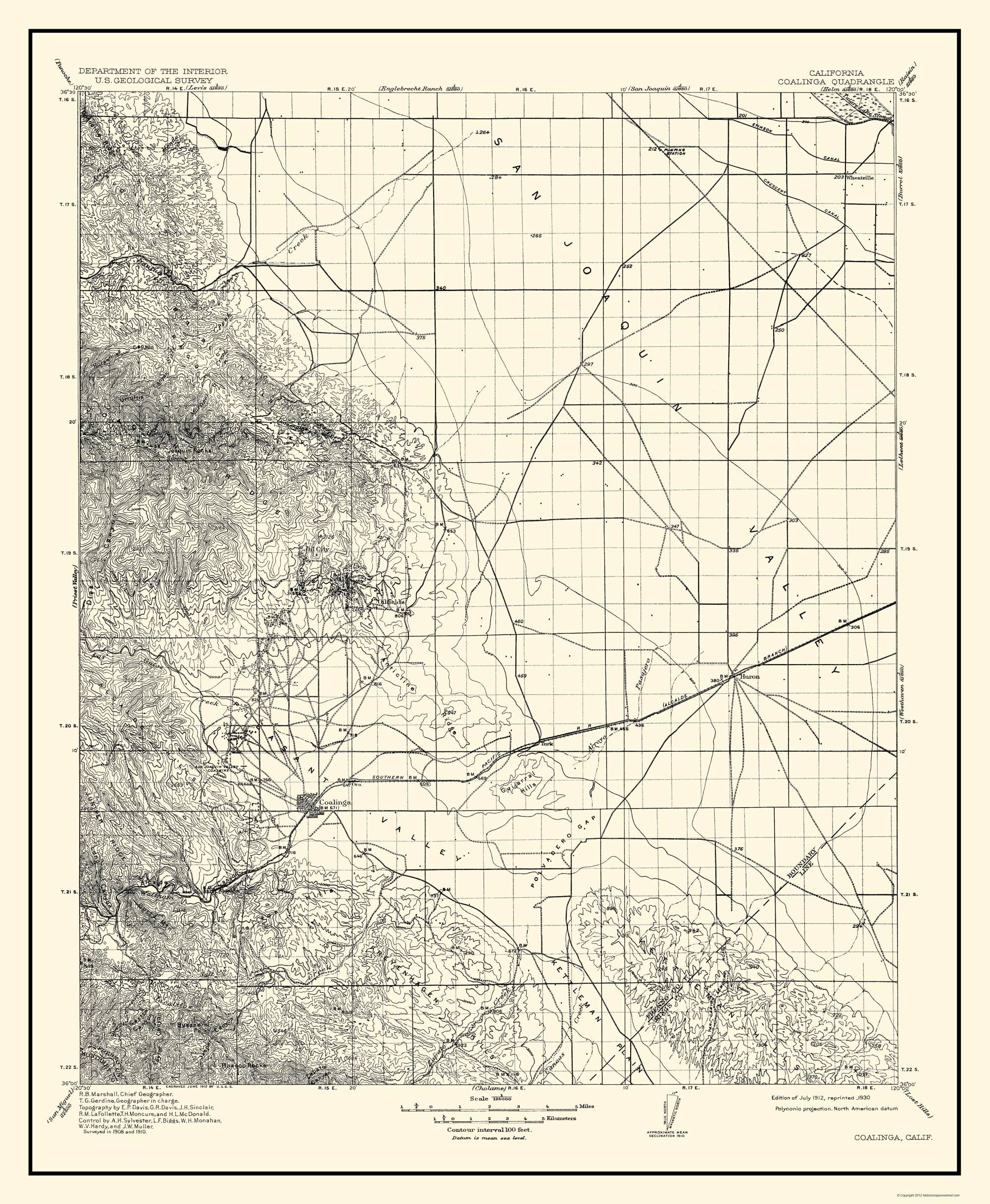 Topo Map Coalinga California Quad USGS 1912 23.00 x 27.98 Matte