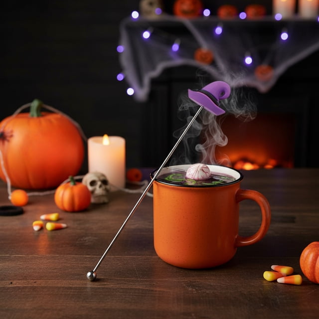 Cuchara Mezcladora de Acero Inoxidable con Temática de Halloween | Morada | Acero Inoxidable 304 | 19,5 Cm | Ideal para Café, Cócteles y Bebidas Frías | Formas Inspiradas En Halloween | Superficie Pu