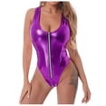 thumbnail image 2 of Warop Women's Patent Leather Bodysuit, Solid Color with Zipper Front, Stretchy Tight Fit for Party and Daily Wear, 2 of 5