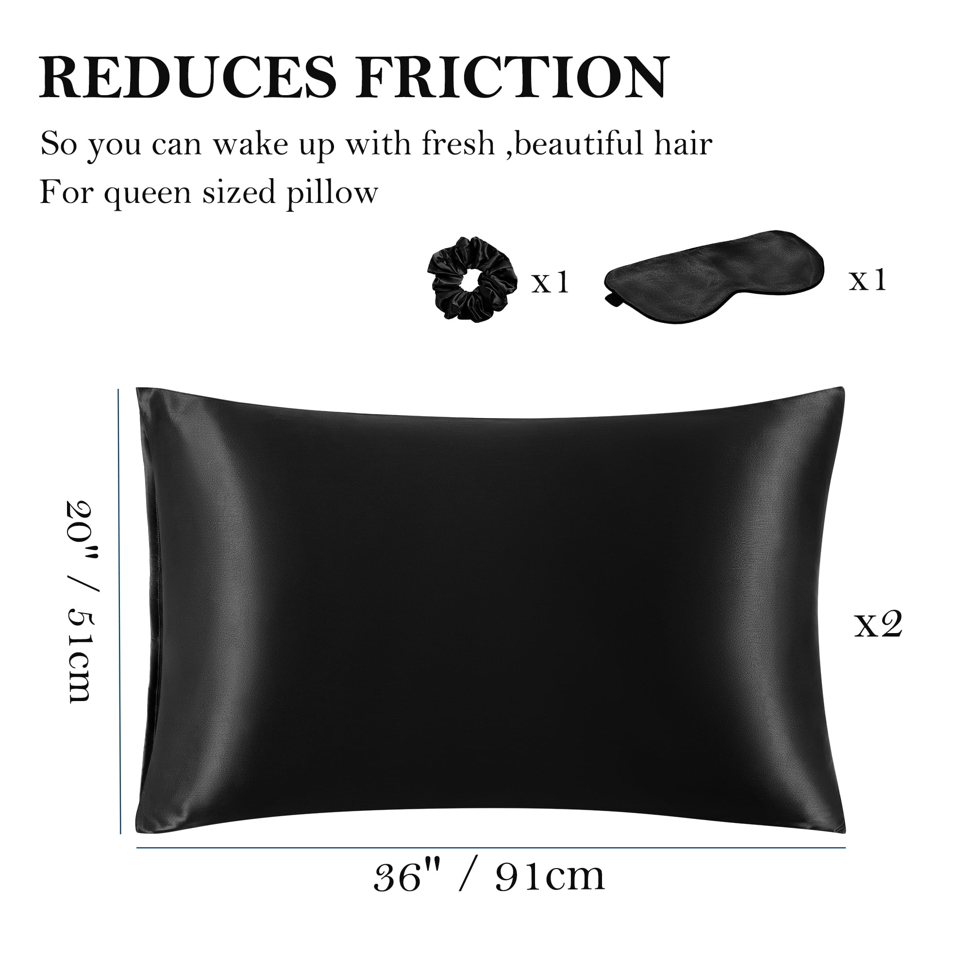 Unique Bargains Set of 2 Durable Soft Enveloped Closure Satin Pillowcase Black King(20"x36"）