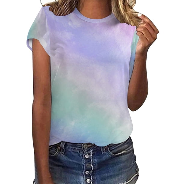 Gibobby Playera de Manga Corta con Cuello Redondo Mujeres Casual Tie Dye Gradient Printing Mangas Cuello redondo Camiseta suelta Blusa Tops(Morado,G)