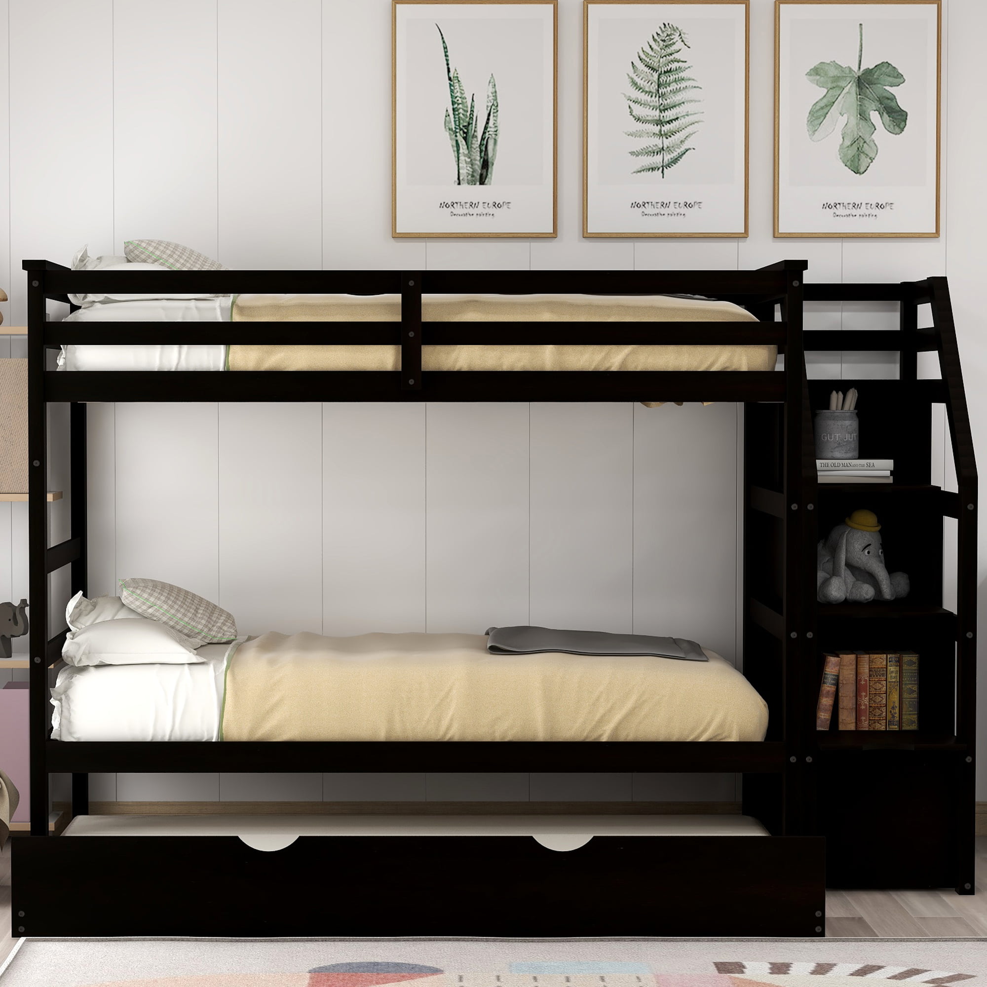 Twin Size Bunk Bed Espresso Convertible Space Saving Solid Wood Kid Furniture 