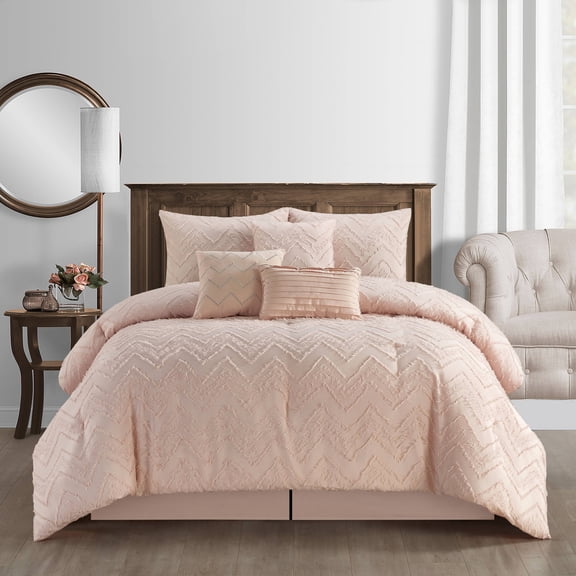 Nanshing Textured Geometric Pattern 7 Piece Cassy Comforter Set, Blush King