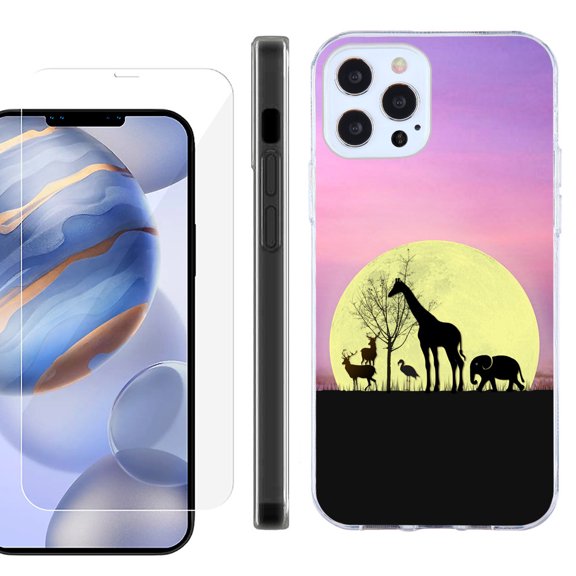 Slim Fit Protective Phone Case for Apple iPhone 12 / iPhone 12 Pro, with Tempered Glass Screen Protector, by OneToughShield ® - Moonlight Safari