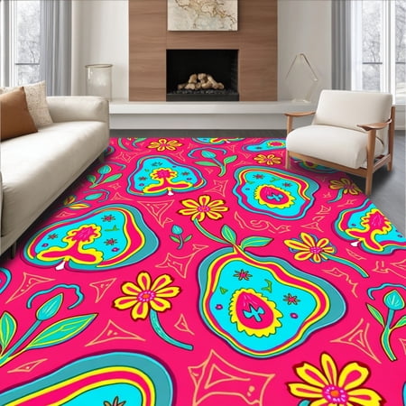 ODIKA 4'x6' Machine Washable Non-Slip Area Rug, Eclectic Bohemian Artistry Avant garde Decorative Statement High Traffic Rug, Pink, 666650