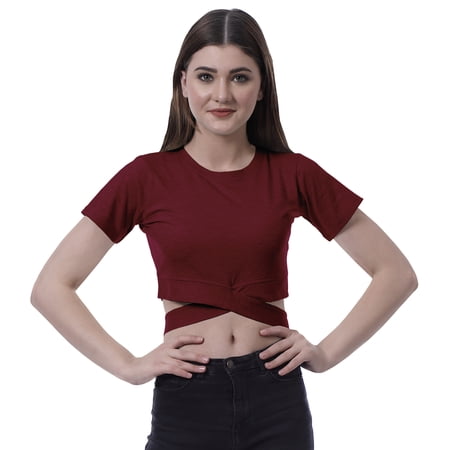 Moomaya Women Criss Cross Hem Top Short Sleeve Round Neck Tee Shirt Blouse Tops