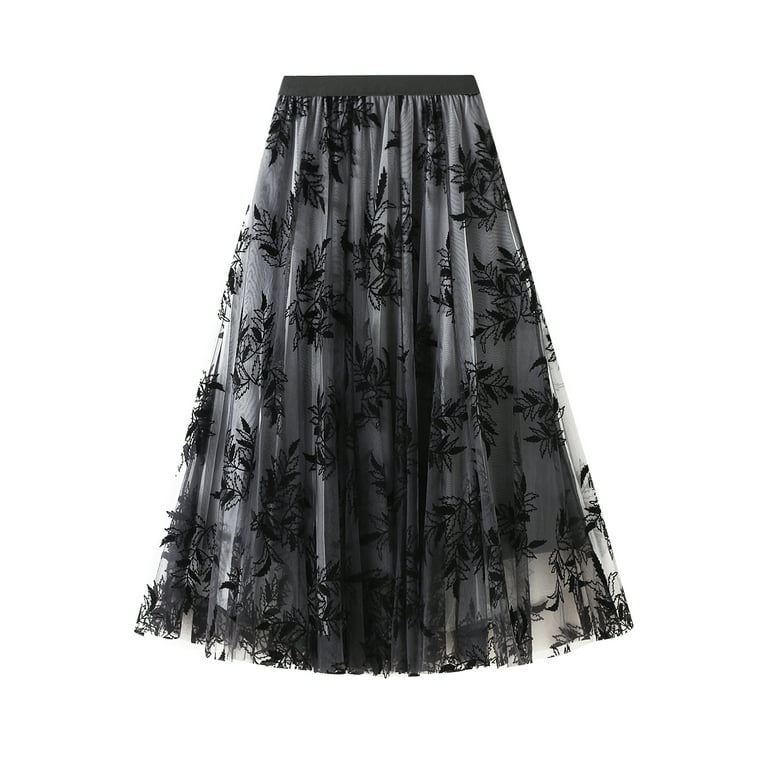 Womens Tutu Tulle Skirt Leaf Patterns Mesh High Elastic Waist Layered Skirt A Line Midi Skirt