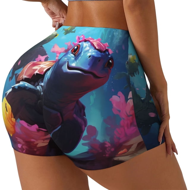 Balery Lively Cute Turtle Pantalones cortos de entrenamiento estampados para mujer, sin costuras, ajustados, para gimnasio, yoga, correr, deportes, ejercicio activo, fitness.-X-Large