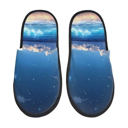 

Qekee Starry Night Ocean View Print Furry Slippers for Women and Men House Slipper Funny Bedroom Slippers Indoor -Large