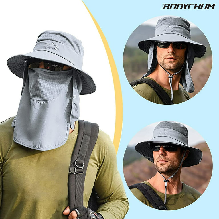 Bodychum Sun Hats for Men Fishing Hat Wide Brim Boonie Hat Outdoor UPF50+  Sun Cap with Removable Mesh Face Neck Flap Cover Foldable for Hiking