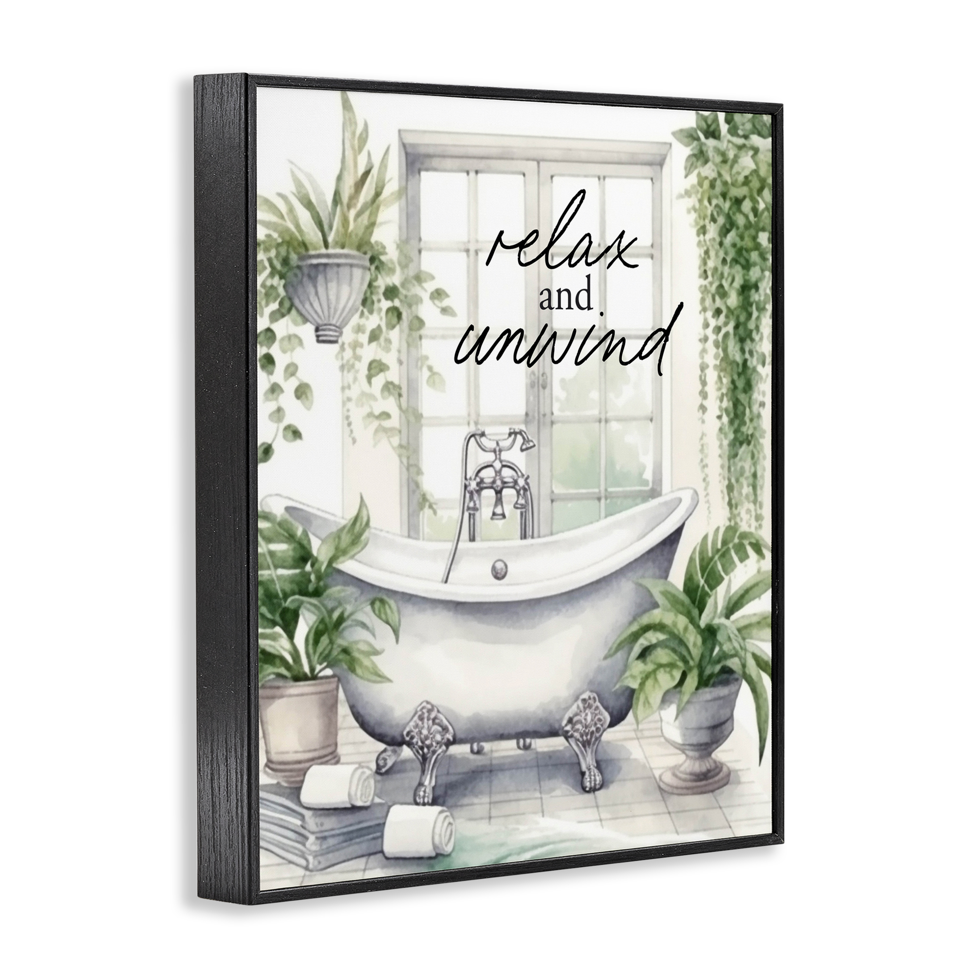 Relax Unwind Bath & Foliage Black Framed Giclee Art, design by Lettered and Lined