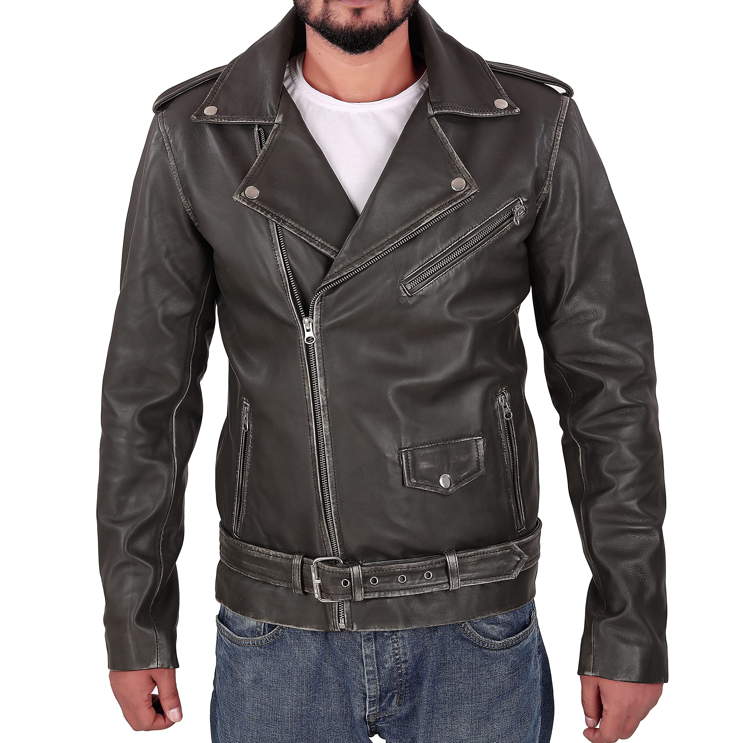 Men Pure Genuine Leather Jacket Lambskin Winter Vintage Motorcycle ...