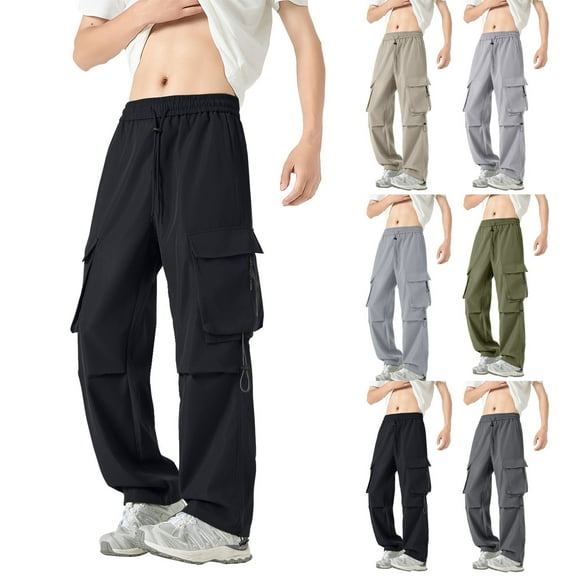 FRSASU Men's Casual Cargo Pants Workout Joggers Stretch Sweatpants Hiking Drawstring Tactical Pants with Multi Pockets White