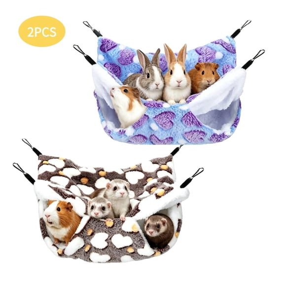 RYLZX 2 Pack Small Animal 2-Tier Hanging Hammock Cage Accessory, Plush Hideout Bed for Guinea Pig, Rat, Ferret, Hamster, Sugar Glider, Squirrel, Parrot, Purple & Coffee Heart Print