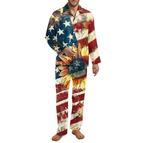 Xixirimido American Flag Sunflower Pattern Mens Pajama Set Soft Button Down Pajamas Long Sleeve Pjs Sleepwear Loungear Comfy Sleep Sets with Pockets, 4X-Large