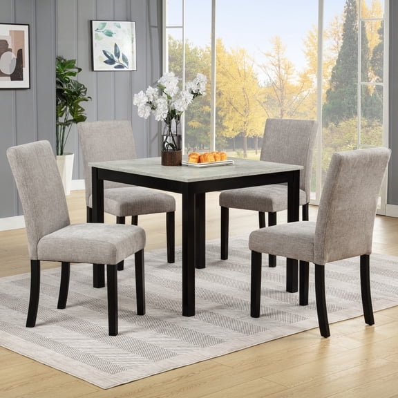 [Luckynote]5-Piece Dining Set with Concrete-Effect Tabletop, Modern Wooden Dining Table Set, Solid Wood Kitchen Table Chairs Set of 4 for Dining Room, Kitchen, Restaurant, Grey & Black