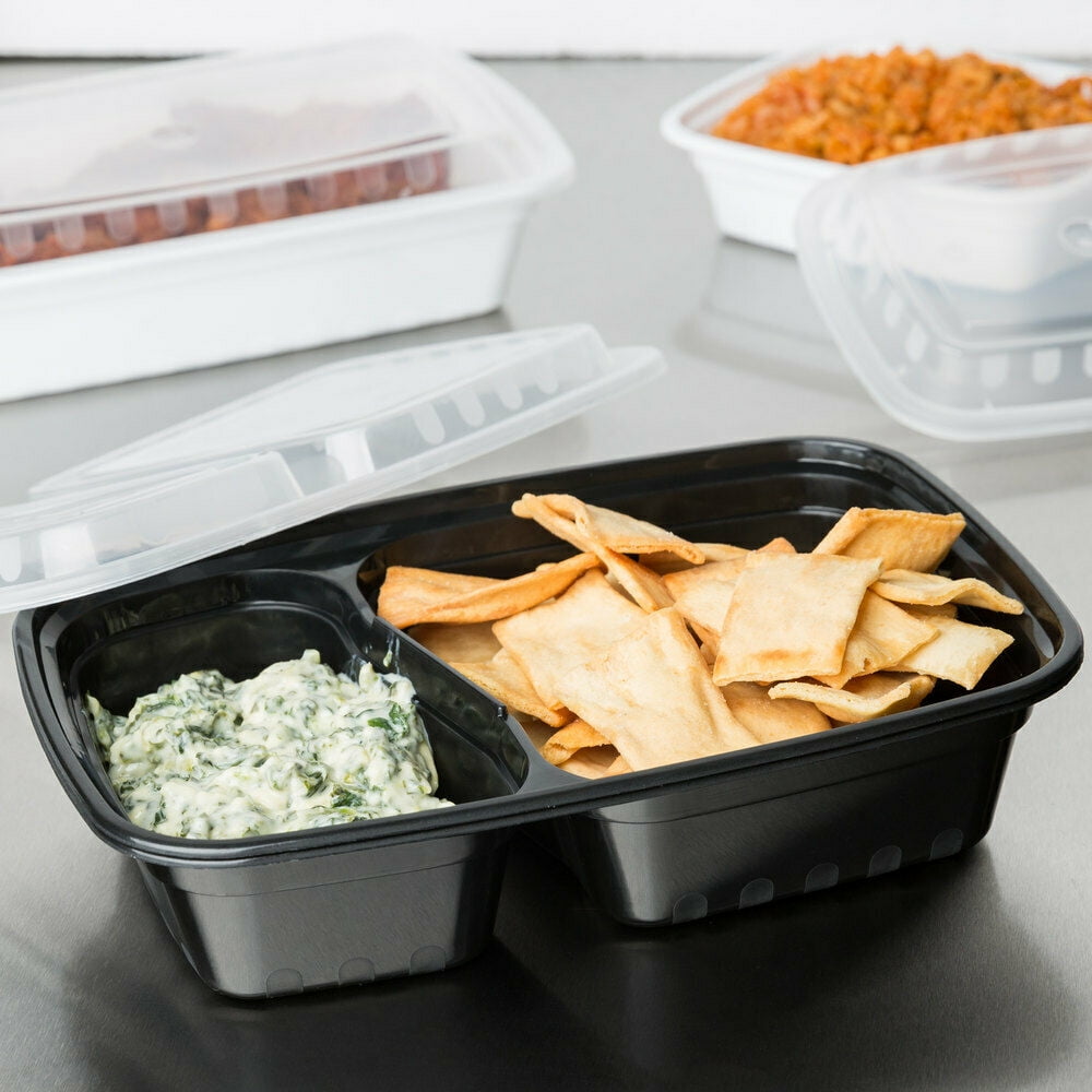 2 Compartment Food Containers w/Lid Black Ctn/150 Sets