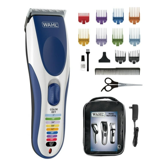 Wahl Color Pro - Tondeuse avec peignes à code couleur, moteur puissant et durable pour coupes faciles. Clé à code couleur pour choisir le bon peigne. Tension universelle-Modèle 3100. Ensemble de coupe de cheveux avec peignes guides à codes de couleur