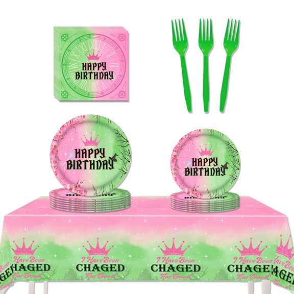51pcs Witch Birthday Party Supplies,Pink and Green Birthday Decorations with Green Plates Napkins Forks Tablecloth  for Witch Movie Themed Party Tableware Supplies