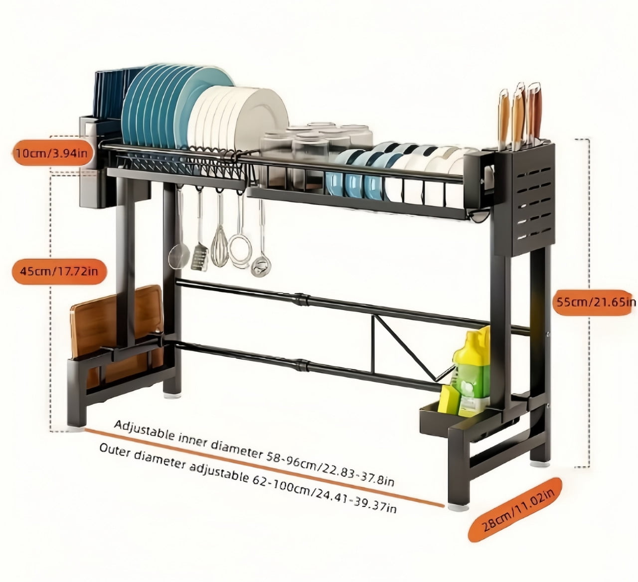 Adjustable Expandable Metal Sink Organizer, Over The Sink Dish Drying Rack, Kitchen Storage Rack With Drip Tray & Utensil Holder For Dishes