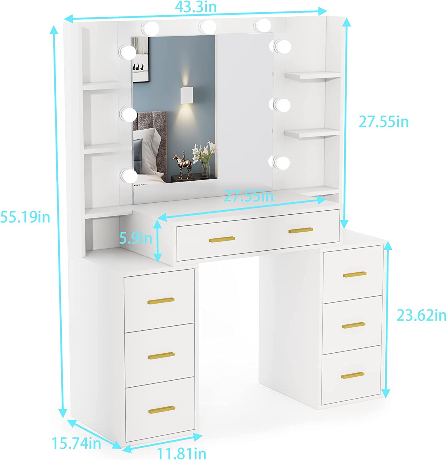 PAKASEPT Vanity Desk with Mirror and Lights in 3Colors, Makeup Vanity with  Charging Station, Makeup Desk Dressing Table with Tri-fold Mirror Hidden  Storage Shelves&5 Drawers, White 