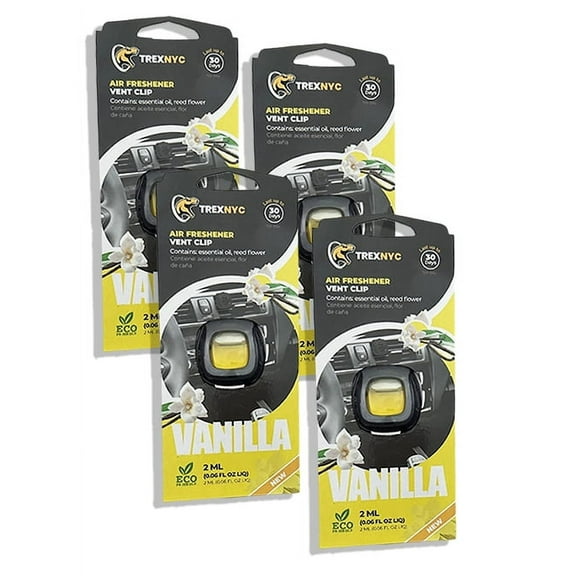 TrexNYC Car Air Fresheners Vent Clips, Essential Car Odor Eliminator, Perfect Scented Car Accessories, For Long Lasting Fragrance up to 240 days, Vanilla Scent, 0.07 FL.OZ, 4 Packs