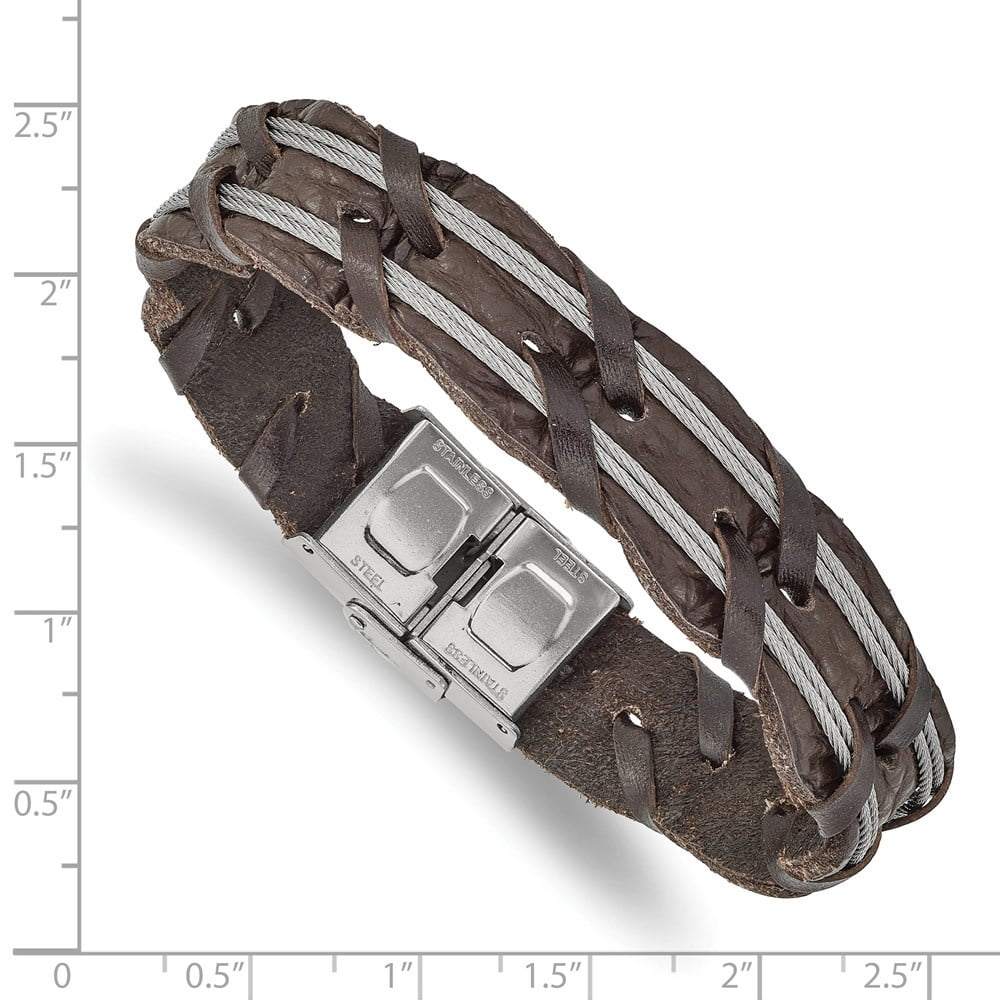 Diamond2Deal Stainless Steel Polished Cable and Brown Leather Bracelet for Men 8.5"