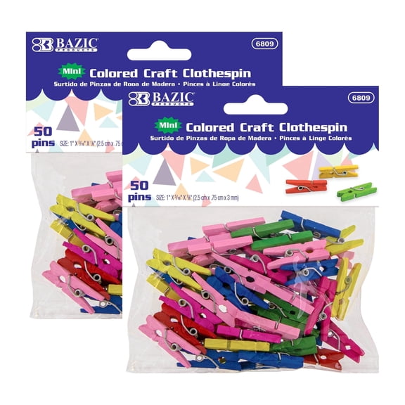BAZIC Clothes Pin Mini 1", Colored Wood Clothespins (50/Pack), 2-Packs