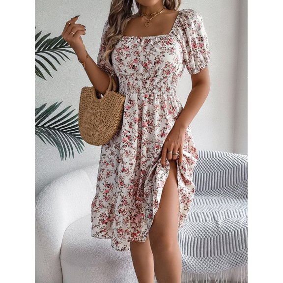 Spring/Summer Floral Print Square Neck Short Sleeve Waist-Cinching Ruffle Hem A-Line Dress