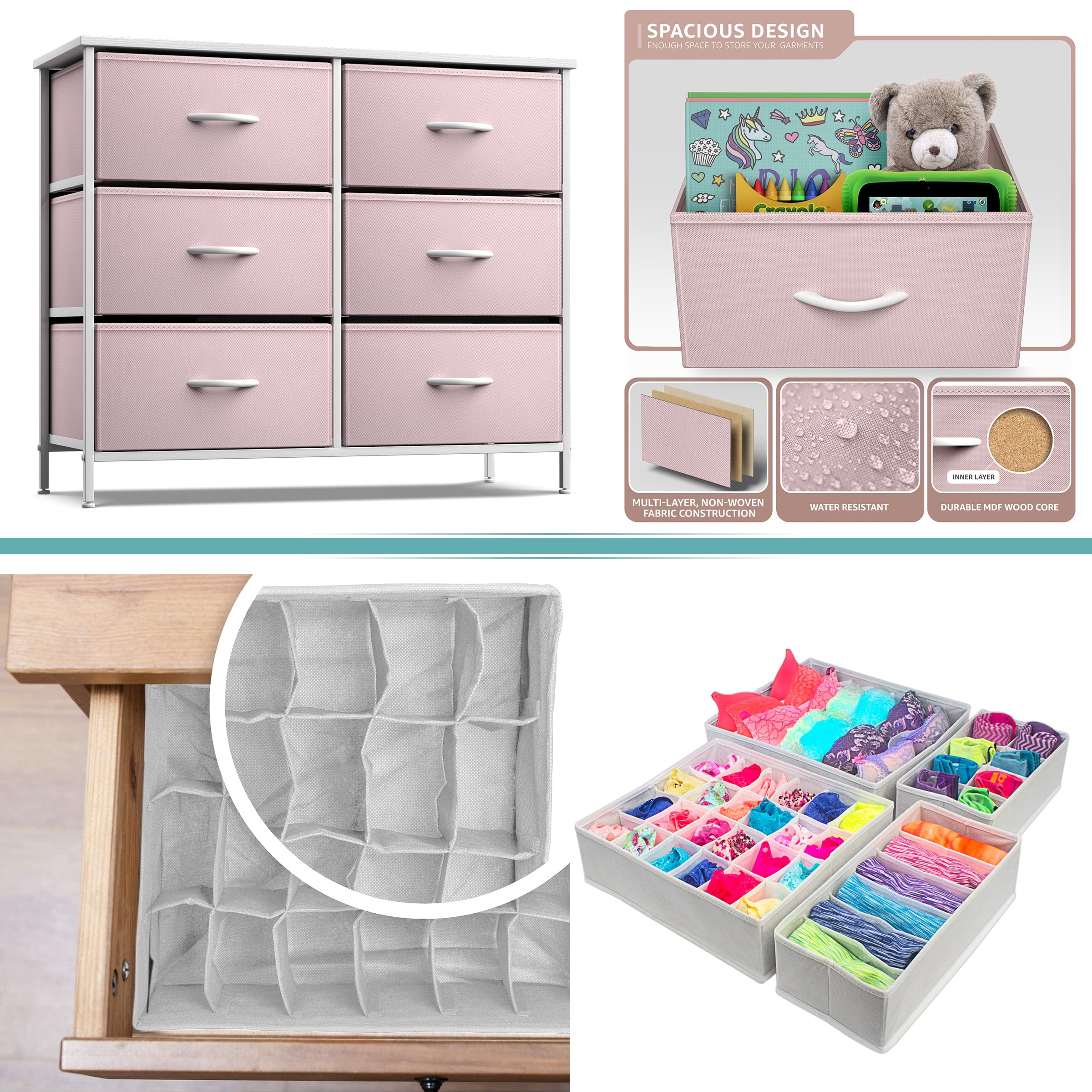 Sorbus 6-Drawer Nightstand with Foldable Fabric Drawer Dividers: Ideal for Kids Bedroom, Nursery
