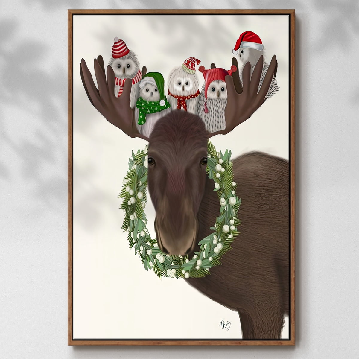 Christmas Moose and Christmas Owls - Framed Gallery Wrapped Holiday Canvas - 27 x 41 - Rosewood Frame