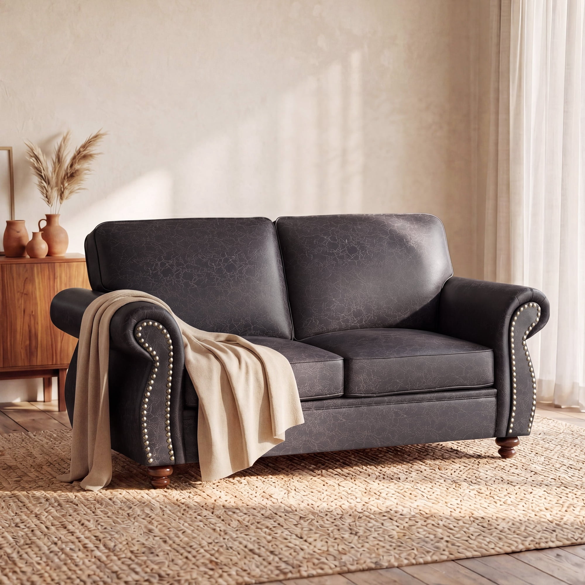 Poshby 71.5''W Loveseat with Fabric Material, Upholstered Cushions, Mid-Century Modern for Living Room, Red Brown