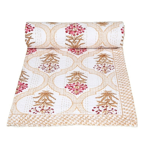Vintage Hand Block Print Kantha Quilt Throw 100% Cotton Blanket Bedspread White Colour Single Size