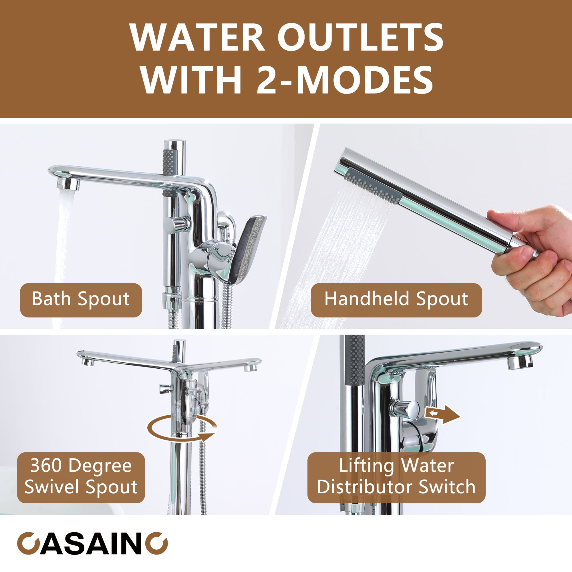 CASAINC Single-Handle Modern Floor Mount Freestanding Bathtub Faucet with Handheld Shower in Chrome Plated
