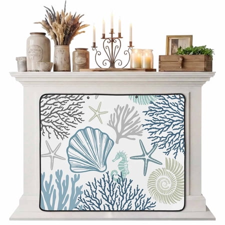Blue Teal Coastal Magnetic Fireplace Cover Fireplace Draft Blocker Summer Beach Coral Shell Starfish Fireplaces Blanket for Heat Loss/Cold Air Fireplaces Draft Stopper Cover for Inside 51 x39