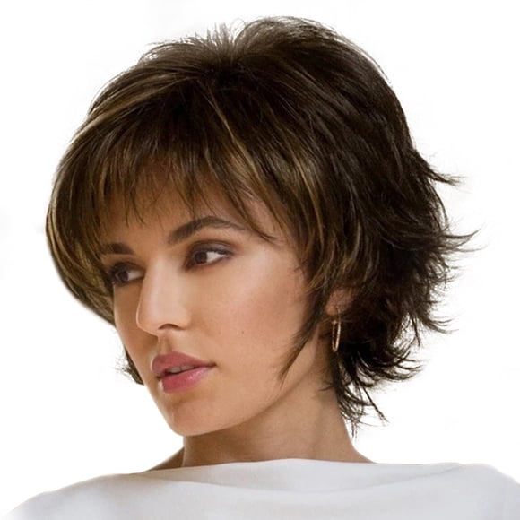 Bangs Short Hair Wigs with Bangs Layered Wavy Hair Wig Heat Resistant Synthetic Blonde Mixed Black Brown Natural Color for Women Daily Use