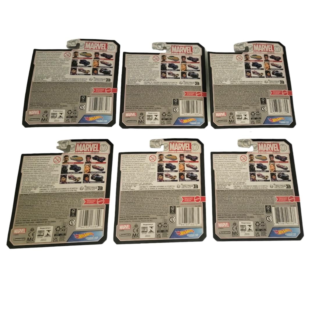 Hot Wheels Marvel Character Cars Complete Set of 6 Diecast Vehicles from HHB74-956G Release Bundle with Black Panther and More