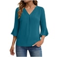 thumbnail image 2 of Pxxlle Chiffon Shirts for Women Dressy Ruffle 3/4 Sleeve Shirt Business Casual V Neck Pleated Blouses Solid Color Tops for Office Work Green S, 2 of 5