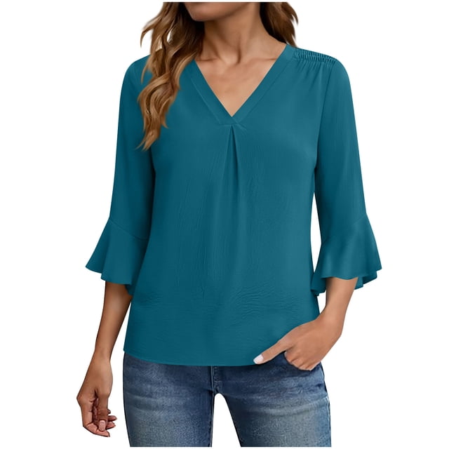 Camisas de Manga Larga de Ajuste Seco para los Hombres Color Sólido V-Cuello Ruffle Manga Blusa de Gasa, Camisas de Manga Larga Casual de las Mujeres Primavera Moda Superior