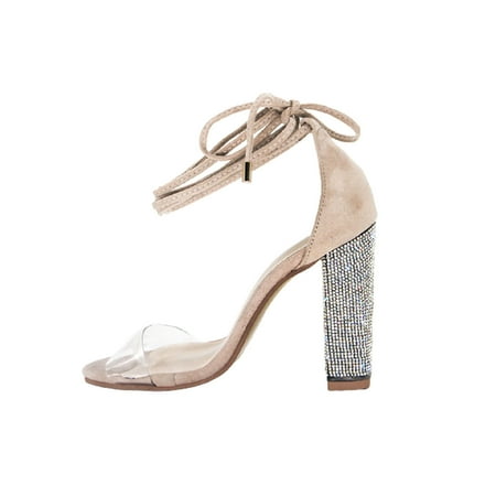 

LnjYIGJ High Heels Shoes Women s Sexy Transparent Suede Ankle Strap Rhinestone High Heel Open Toe Sandals