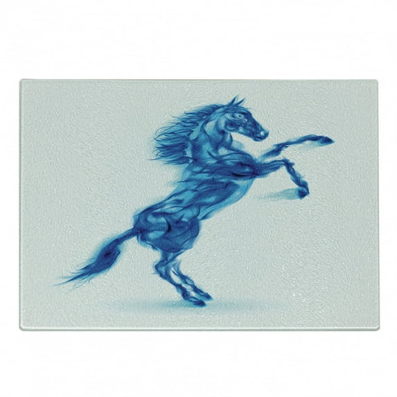 Horses Cutting Board, Gallop Animal Motif Rearing up Blazing Devilish Moving Freely Theme Print, Decorative Tempered Glass Cutting and Serving Board, Small Size, Dark Blue and White, by Ambesonne