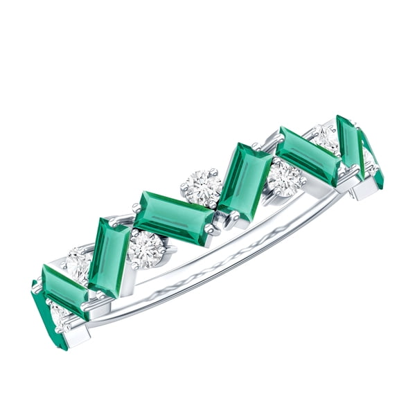 Rosec Jewels Baguette Lab Grown Emerald Half Eternity Ring - AAAA Quality - Emerald Diamond Ring - Ready to Gift for Women, 925 Sterling Silver, US 4.00