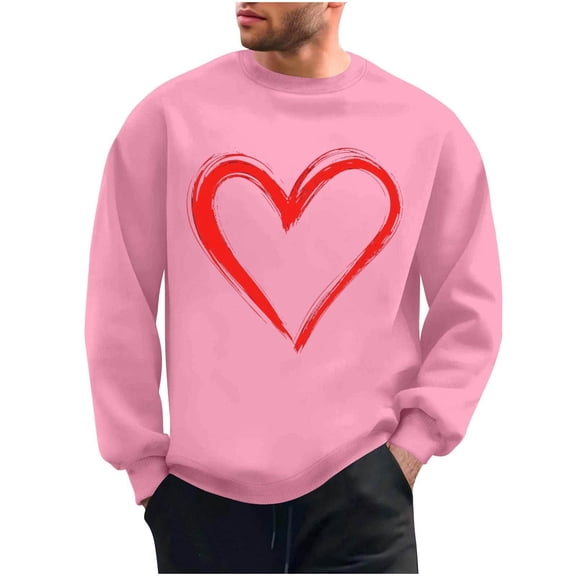 Mens Valentines Day Sweatshirts Love Heart Printed Graphic Casual Loose Long Sleeve Crewneck Pullover Shirts Top (S, Pink)