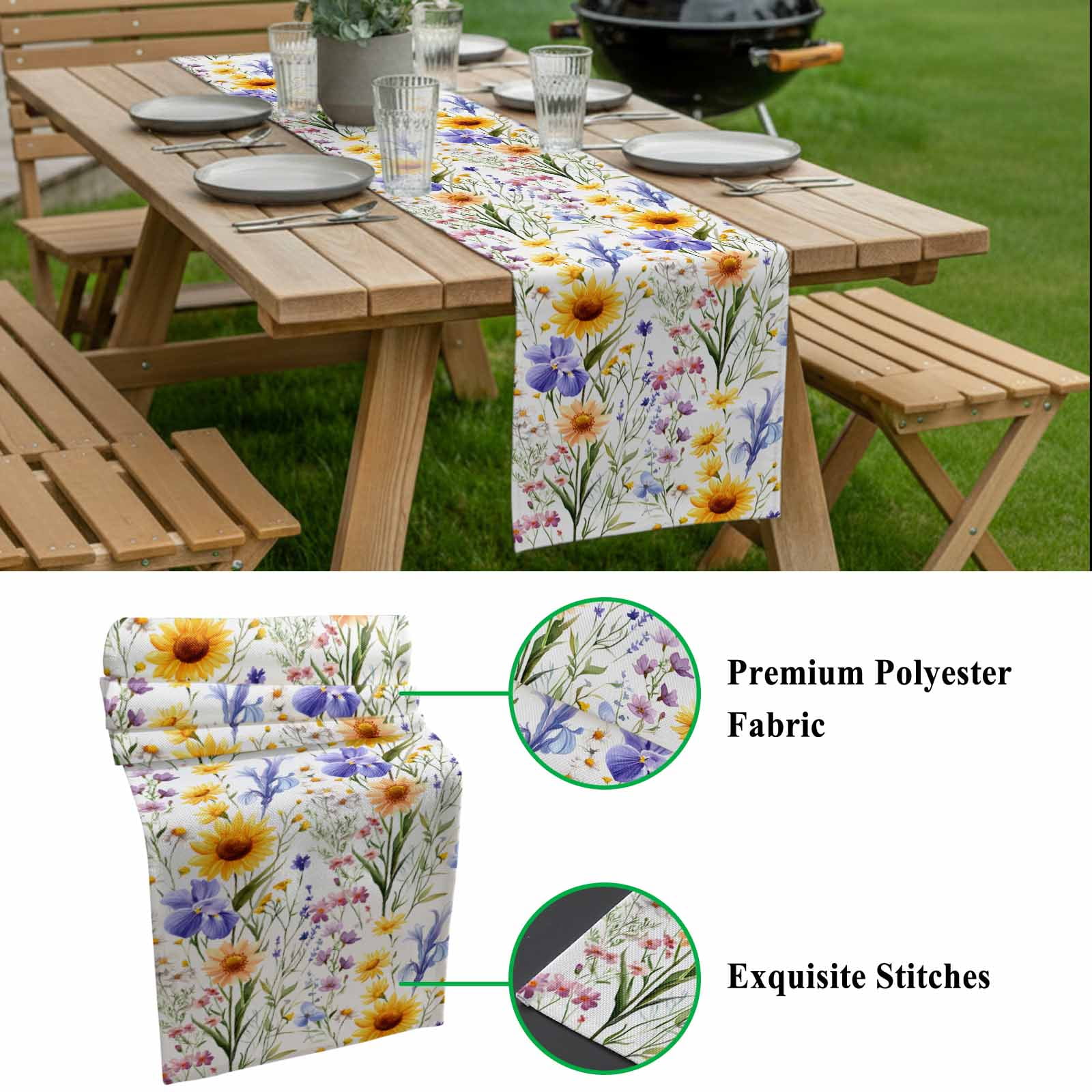 Wildflowers Table Runner 13x120 inch Spring Summer Cotton Linen Dining Table Runner Ideal for Dresser Kitchen Coffee Tables - Machine Washable