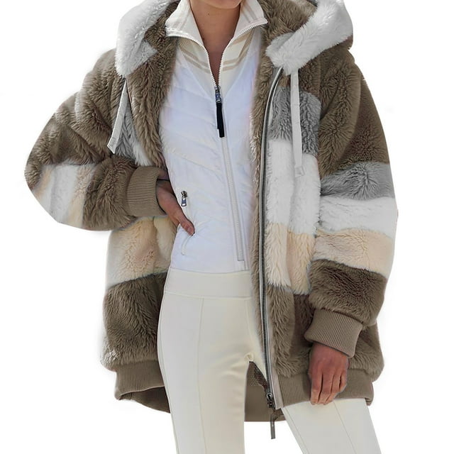 Manteau en Peluche Ample Mode Décontractée Veste à Capuche Douce Chaude Automne Hiver pour Femmes