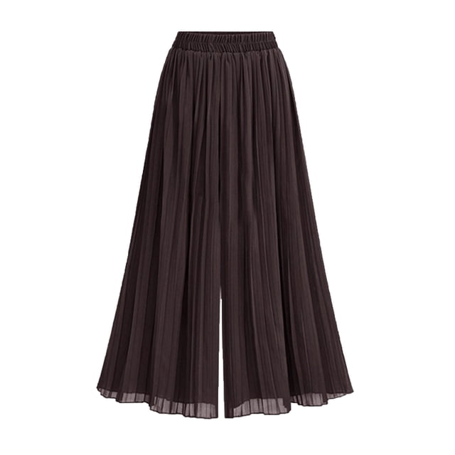 Women's Elastic Waist A-Line Pleated Chiffon Cropped Wide Leg Pants Culottes